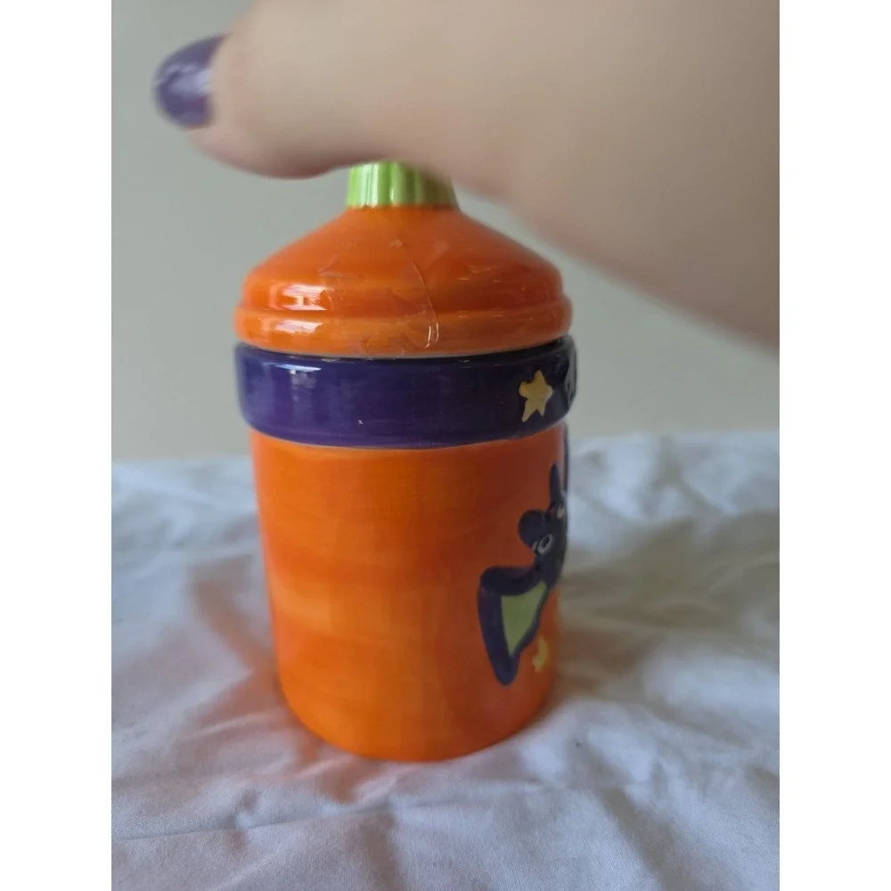 Trick Or Treat Small Lidded Candy Jar Canister Purple Bats Halloween‎